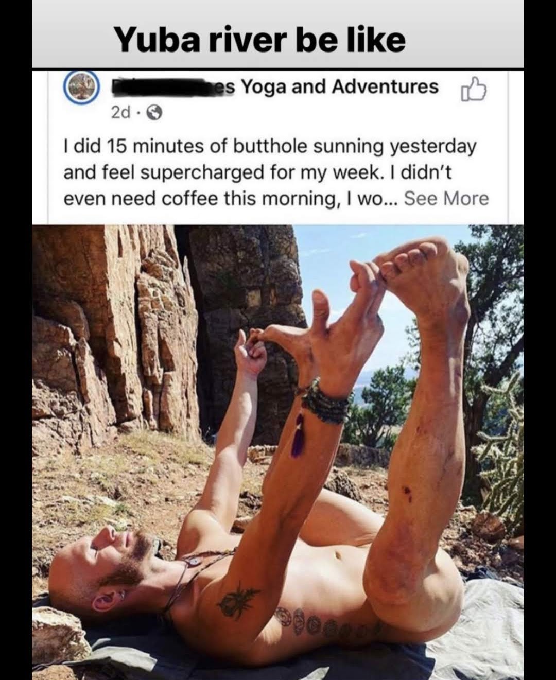 The meme is a screenshot of a Facebook post from an account named "Infinite Monkey". The post says "I did 15 minutes of yoga this morning, I feel so relaxed now" and is followed by a photo of a man with a large tattoo of a monkey on his chest, sitting on a rock and looking relaxed.