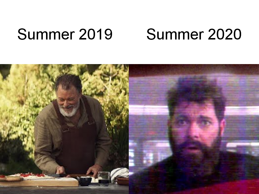This meme is a visual comparison between two images of a man, likely a celebrity or public figure. The text above the images reads "Summer 2019" and "Summer 2020". The image on the left shows a well-groomed and put-together man, likely representing a typical summer experience. The image on the right shows a disheveled and unkempt man, likely representing the challenges and stress of the COVID-19 pandemic in summer 2020.