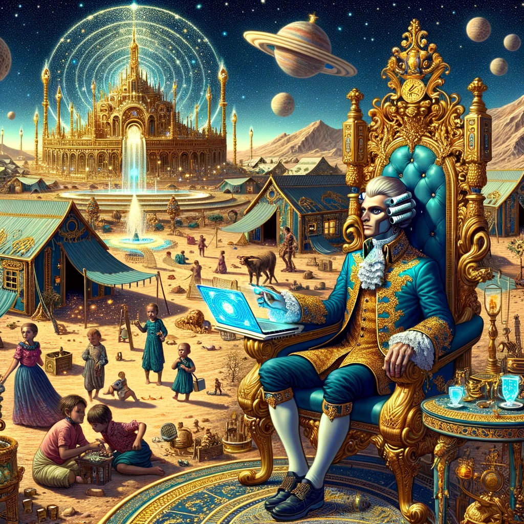 The meme is an image of a person in a luxurious, futuristic environment, surrounded by opulent decorations and advanced technology. The person is sitting on a throne-like chair, with a laptop on their lap, and appears to be working on a complex project. The image is captioned "When you're trying to meet the deadline but the AI is still on a 12-hour coffee break".
