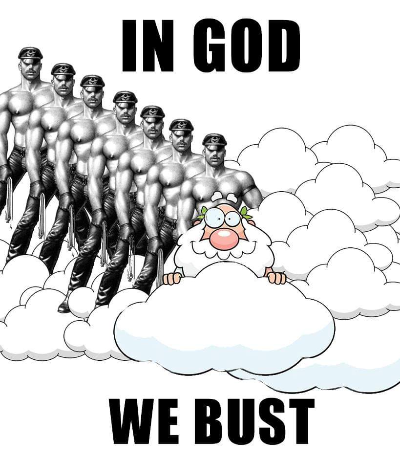 This meme features a cartoon image of a muscular, shirtless, and helmeted man (likely a reference to the comic book character "The Punisher") standing in a cloud, surrounded by a group of smaller, similarly-dressed men. Above the image is the text "IN GOD WE TRUST", a phrase often found on American currency and government buildings. Below the image is the text "IN GOD WE BUST", a play on words referencing the phrase's usual meaning and the idea of a "bust" (a failed or unsuccessful attempt).