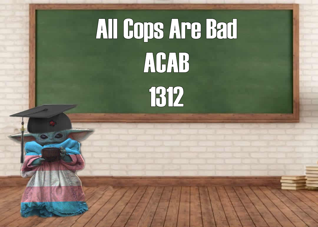 This meme features a digital image of a character from the "Star Wars" franchise, Baby Yoda, wearing a graduation cap and holding a diploma. The text "ACAB" and "1312" are displayed above the character, which are likely references to anarchist and occult symbols. The image is likely meant to be humorous or ironic, poking fun at the idea of Baby Yoda being a symbol of academic achievement.