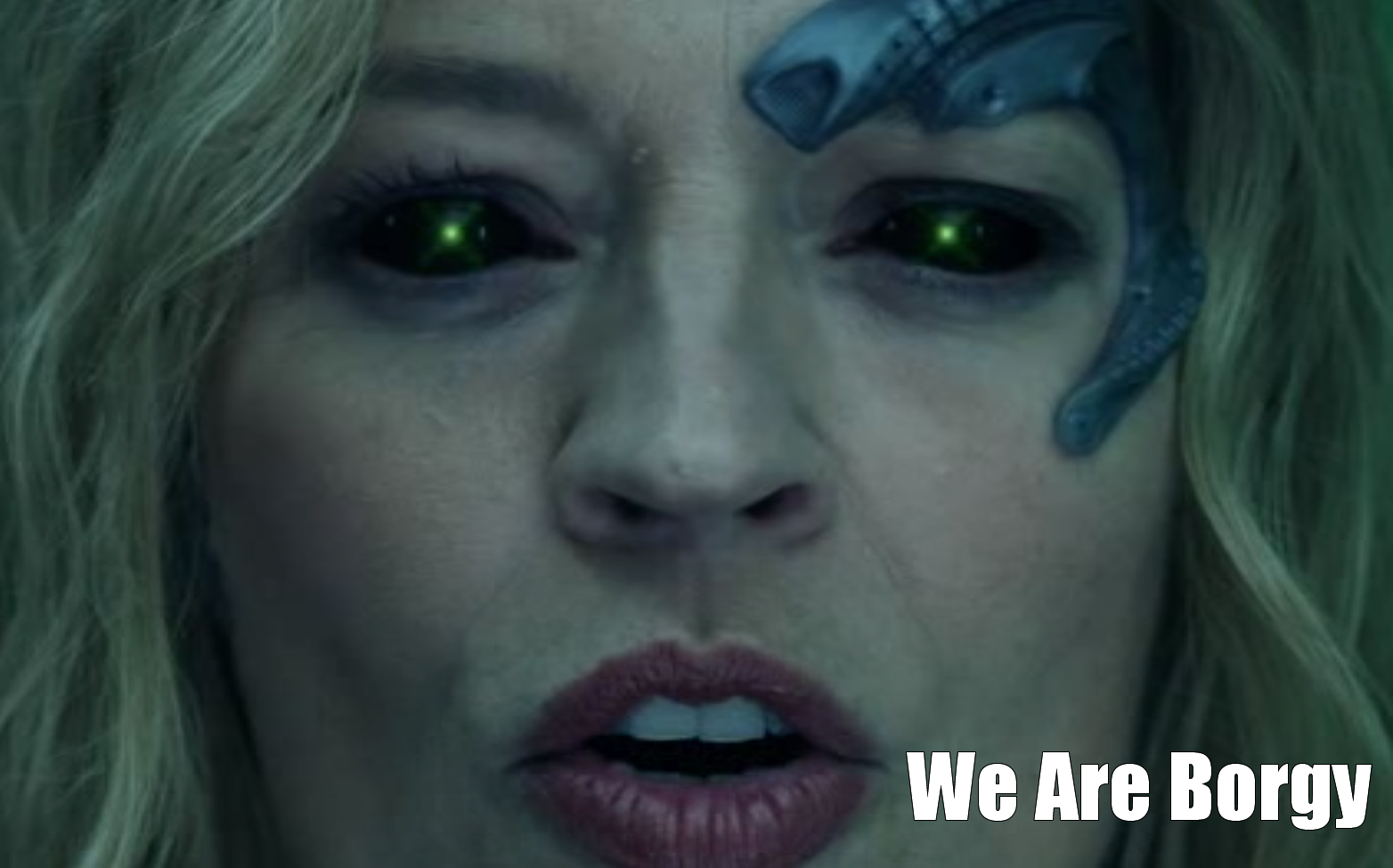 This meme is an image of a person with a shocked expression, but their face has been replaced with a CGI rendering of a Borg from the Star Trek franchise. The text "We Are Borg" is written in a bold font across the top of the image, a reference to the Borg's iconic phrase.