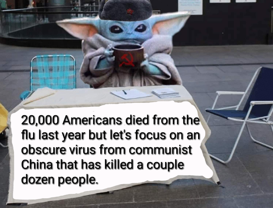 The meme features an image of Baby Yoda (from the Star Wars franchise) sitting at a desk with a cup of coffee and a newspaper. The text in the image reads: "20,000 Americans died from the flu last year, but let's focus on a virus from China that killed a couple dozen people." The meme is a satirical commentary on the media's focus on the COVID-19 pandemic, implying that the US flu deaths are being overlooked in favor of the more sensational COVID-19 story.