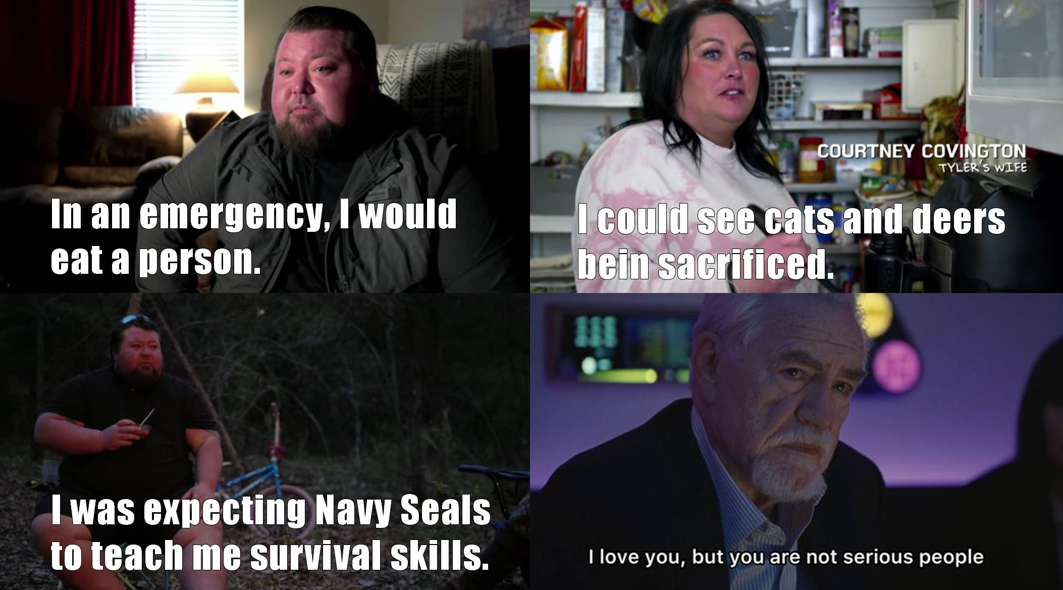 This meme is a humorous and ironic take on a common phrase. It features a split-screen image with two contrasting statements on the left and right sides. The left side shows a person saying "In an emergency, I would eat a person" with a serious expression, while the right side shows a person saying "I was expecting Navy Seals to teach me survival skills" with a disappointed expression.