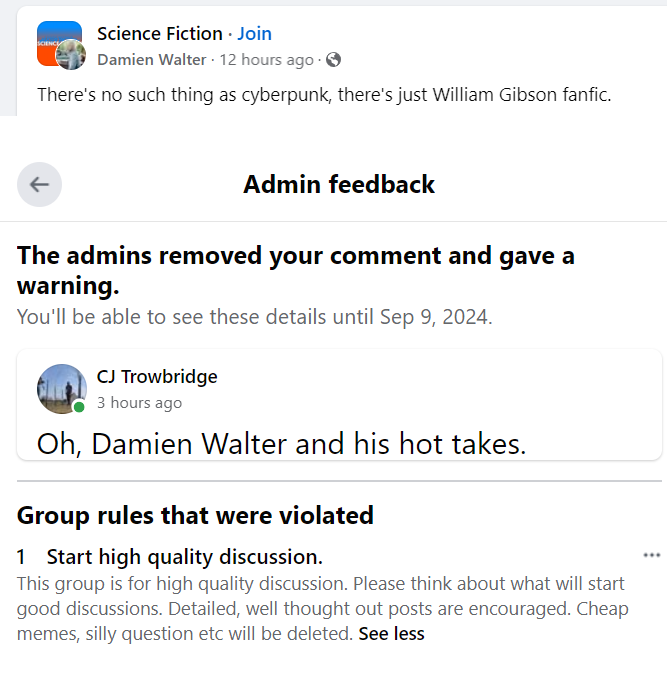The meme is a screenshot of a Reddit comment thread where a user is being banned from the site for making a joke about the "OC" (On-Chain) category. The comment is being removed because it contains a joke about a cryp...