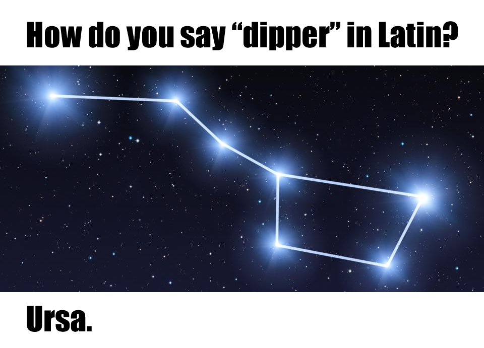 The meme is a joke about the word "dipper" in Latin. The image shows a picture of the constellation Ursa Major, also known as the Big Dipper, with the text "How do you say 'dipper' in Latin?" above it. The punchline is "Ursa", which is a play on words referencing the name of the constellation, implying that the answer is "Ursa" because it's a constellation named after a bear.