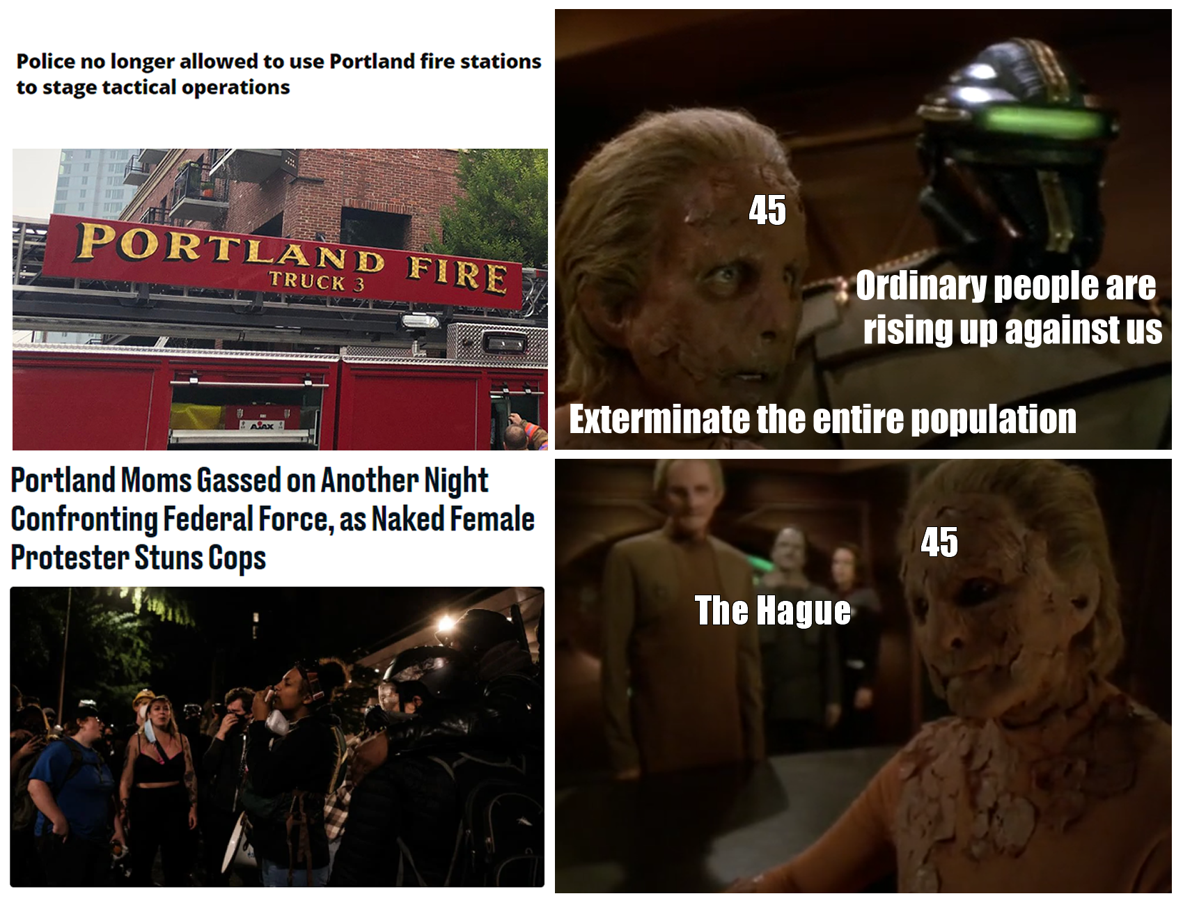 This meme is a humorous comparison between two news headlines. The left headline is about a Portland fire station being closed due to police activity, while the right headline is a darkly humorous take on a similar situation, referencing the 1995 movie "12 Monkeys". The text on the right image reads: "Portland moms gassed on another night, confronting federal force, as naked female protester stuns cops".