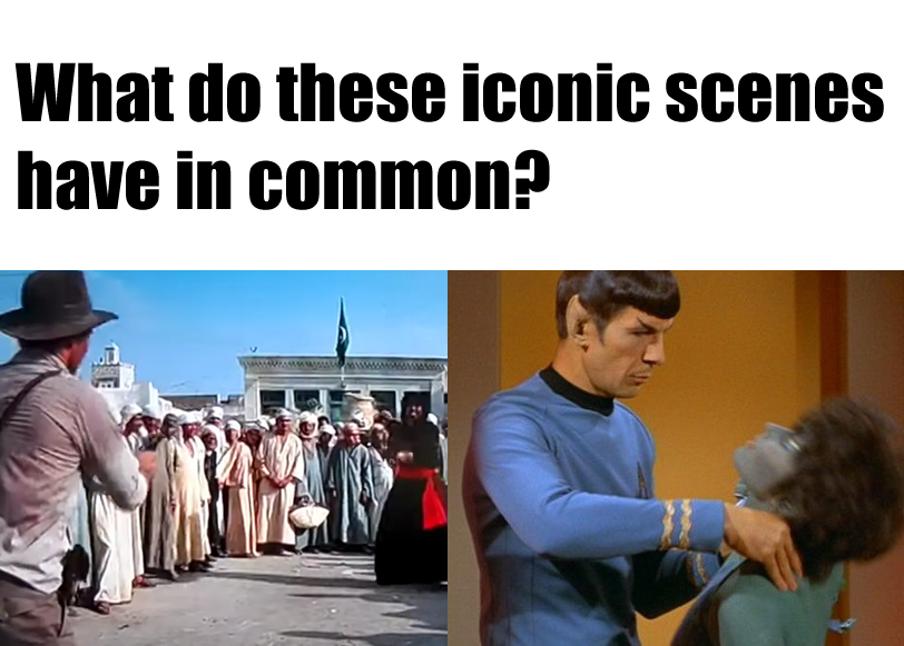 This meme is a humorous comparison between two iconic scenes from different movies. The image juxtaposes a scene from "Raiders of the Ark" (1981) where Indiana Jones is shot by a poisoned dart, and a scene from "Star Trek: The Original Series" (1966) where Mr. Spock is attacked by a Horta. The meme asks, "What do these two scenes have in common?" The text above the image reads, "Both are from a movie/TV show where the main character is attacked by a creature/monster with a poisonous/venomous dart."