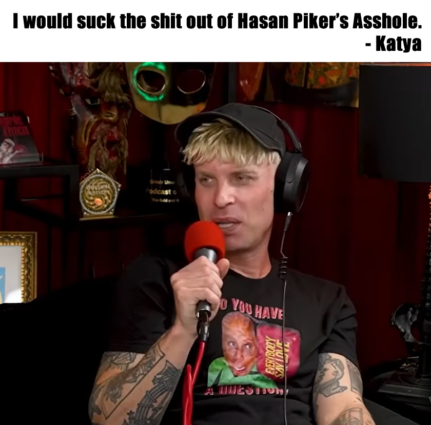 This meme features an **Original Character** (or internet personality) named Katya speaking into a red microphone in a room decorated with masks and audio equipment. The caption at the top, attributed to her ("- Katya...