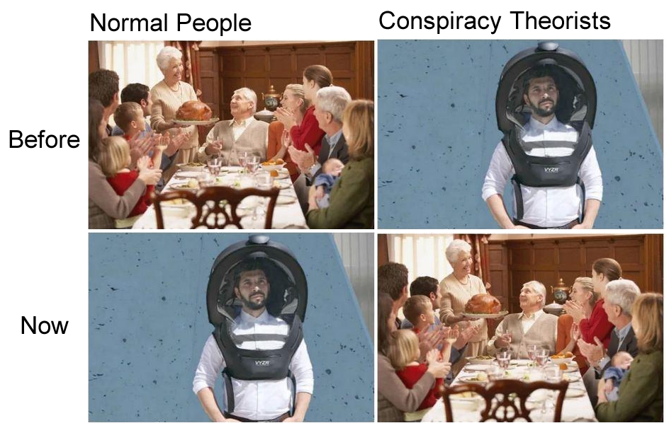 The meme is a humorous comparison between two images, one of a typical person (the "normal" person) and one of a person wearing a virtual reality (VR) headset. The text "I'm not arguing, I'm just explaining why I'm ri...