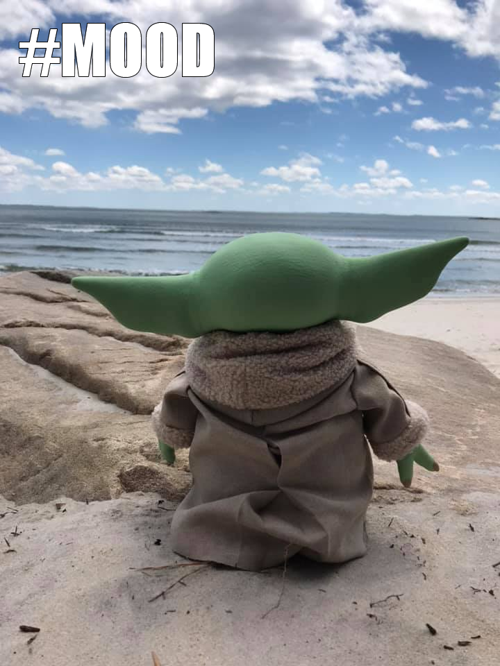 The meme features a still image from the Star Wars franchise of a character known as "Baby Yoda" from the series "The Mandalorian". Baby Yoda is sitting on a cliff overlooking the ocean, looking out at the water with a calm and serene expression. The text "I am calm" appears above the image, referencing the character's ability to remain calm in stressful situations.