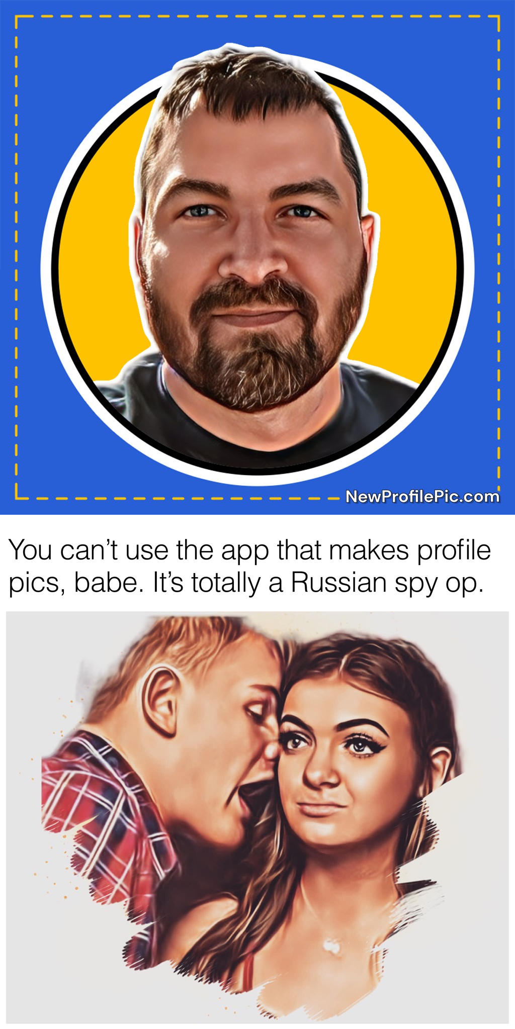 The meme is a screenshot of a ChatGPT conversation where the user asks the AI to create a profile picture for them. The AI responds with a profile picture of a man with a beard and a caption that says "I'm a man, but...