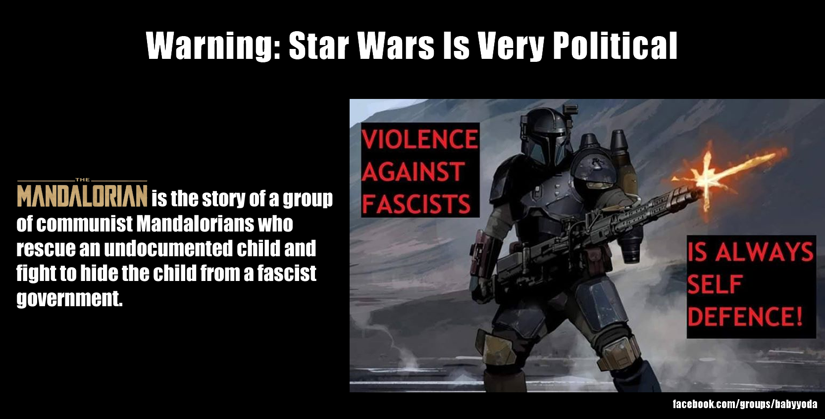 The meme is a humorous comparison between the TV show "The Mandalorian" and the real-life fascist regime of Nazi Germany. The image juxtaposes the show's title with a quote from the show's protagonist, "This is the way", implying that the show's values of protecting the child are equivalent to the Nazi regime's values of protecting the "Aryan" child. The text also includes a quote from the show, "This is the way", and a sarcastic comment about the show's values being similar to Nazi ideology.