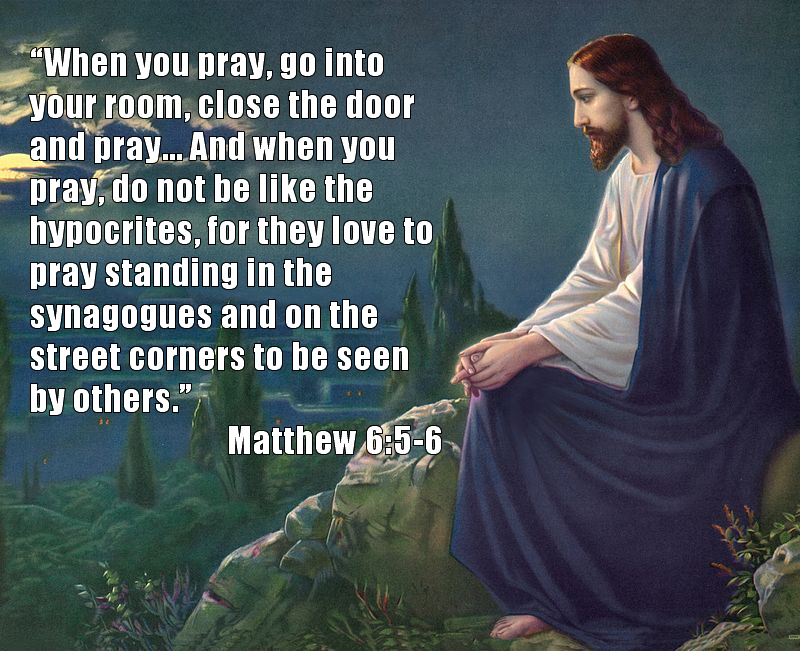 The meme is an image of Jesus Christ with a caption referencing a Bible verse, Matthew 6:5-6, where Jesus teaches his followers to pray in secret and not to be like the hypocrites who pray publicly for show. The meme...