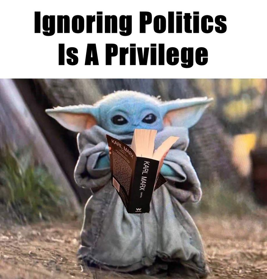 This meme is a playful jab at the concept of "ignoring politics is a privilege" by using a popular meme format featuring Baby Yoda from "The Mandalorian" holding a book. The image shows Baby Yoda reading a book with the title "Karl Marx: The Complete Works" and the text "Ignoring politics is a privilege" above it. The meme is poking fun at the idea that only certain people can afford to ignore politics, implying that those who can afford to ignore it are privileged.