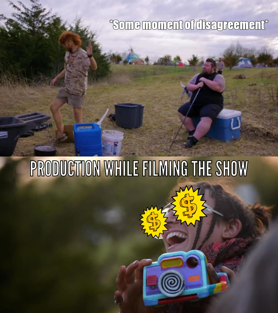 The meme is a humorous commentary on the challenges of working in a creative field. It features two images: the top image shows a person struggling to film a scene, with the caption "when the director is trying to get the perfect shot". The bottom image shows the same person, now frustrated and exhausted, with the caption "but the actors just won't stop arguing with each other".