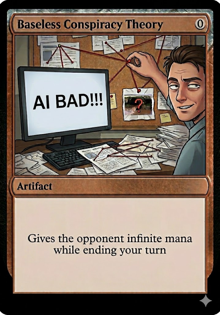 The meme is a humorous take on the concept of the "baseless conspiracy theory" idea. The image shows a man in a room filled with papers and a computer screen with the words "AI BAD!!!" on it, implying that the man is...