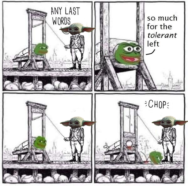 This meme is a screenshot of a comic strip featuring a character from the webcomic "OC" (Other Characters) series, where a character is shown in a ridiculous situation, in this case, being decapitated by a guillotine....