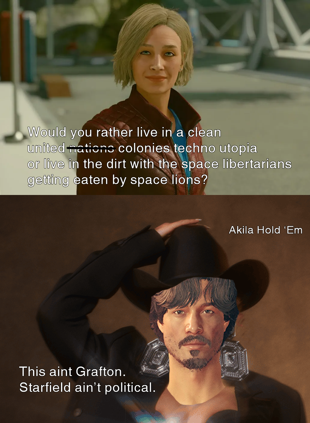 The meme is a humorous image featuring a screenshot from a video game or TV show, with a character's dialogue captioned with a witty remark. The text reads: "Would you rather live in a clean United Nations colonies techno utopia or live in the dirt with the space libertarians getting eaten by space lions?" The response is: "This aint Grafton. Space libertarians getting eaten by space lions? This aint Grafton. This aint Grafton."
