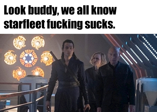 The meme is a screenshot from the Star Trek: Discovery series, featuring a character's sarcastic remark. The image shows a character, Saru, responding to a situation with a humorous and unexpected comment. The text ov...