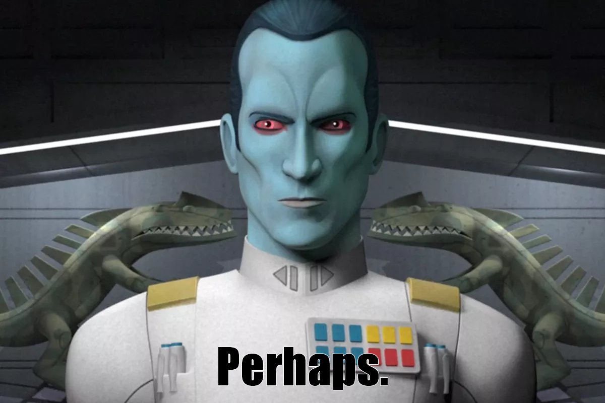 The meme is a screenshot from the Star Wars series "The Mandalorian" featuring the character of Grand Admiral Thrawn, with a caption "I find your lack of faith disturbing" replaced with "I find your lack of snacks dis...