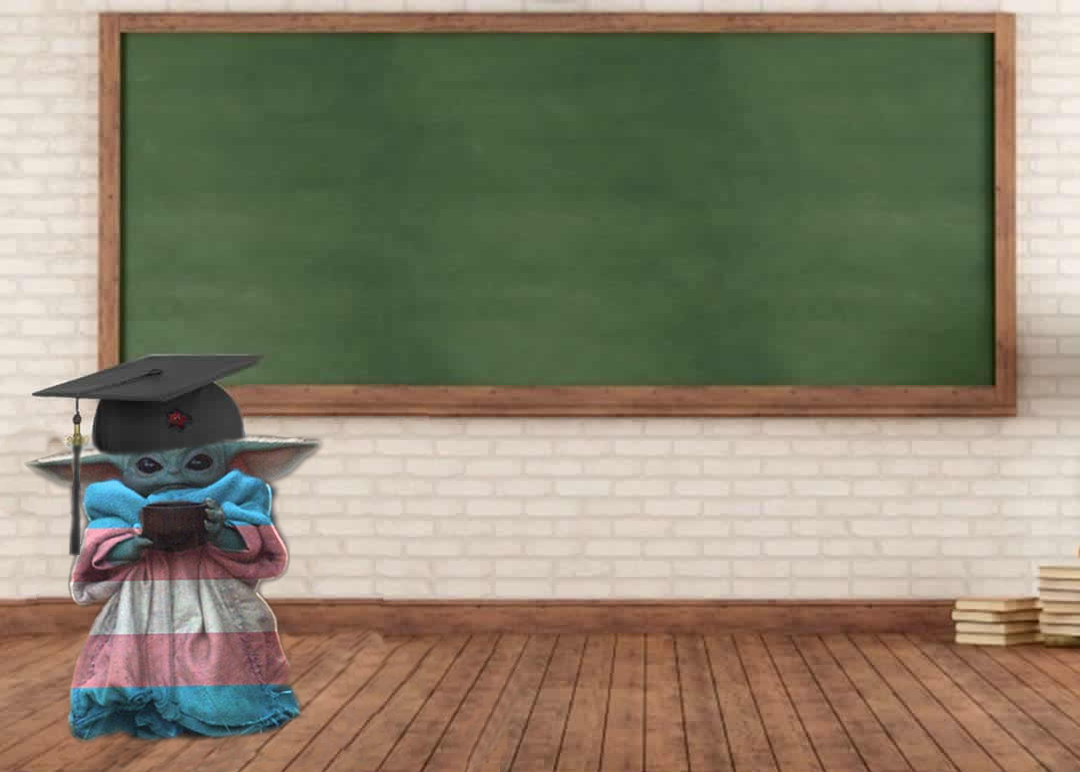 The meme is an image of a character from the Star Wars franchise, Grogu (also known as Baby Yoda), wearing a graduation cap and holding a diploma, with a caption "When you finally get your degree in the dark side".