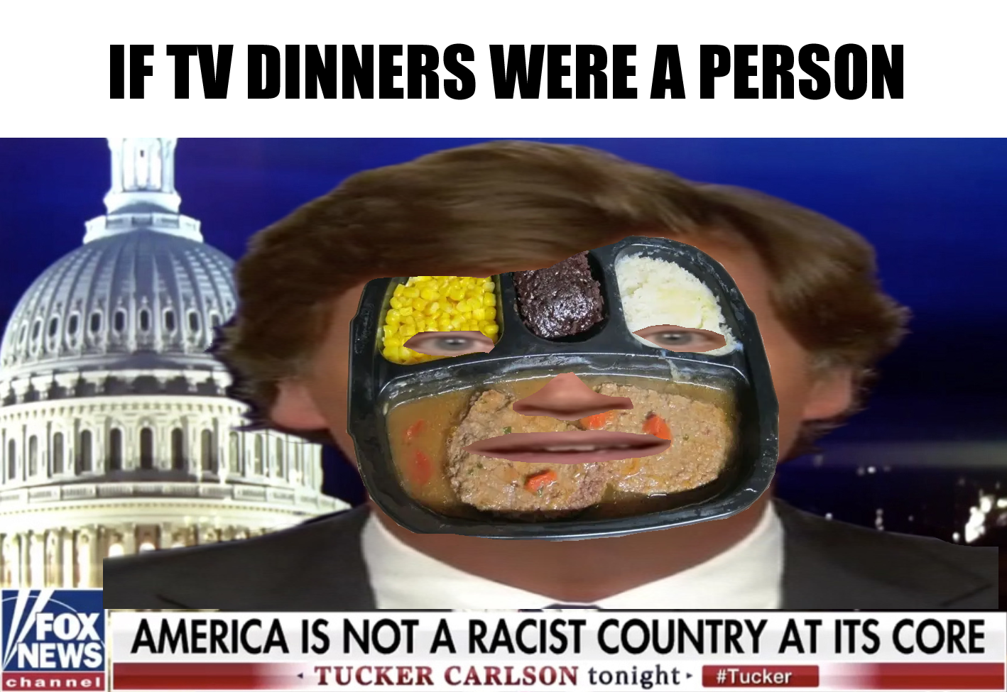 The meme features a photo of a person's face with a mouth full of food, specifically a tray of TV dinners, with a caption that says "If I had a nickel for every time..." The image is a play on the phrase "if I had a n...