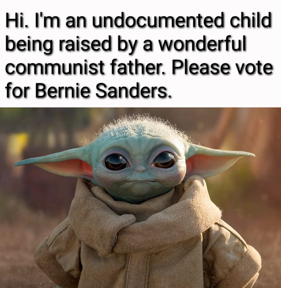 This meme is a humorous image of a character from the Star Wars franchise, Baby Yoda, with a caption that juxtaposes the character's innocent and childlike demeanor with a sarcastic and ironic comment about politics. The text reads: "I'm a undocumented child being raised by a communist father. Please vote for Bernie Sanders." The meme uses the character's innocent and childlike voice to make a satirical comment about the 2020 US presidential election.