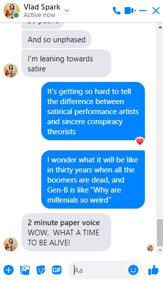 The meme is a screenshot of a conversation on social media. The top message reads, "In 2-3 sentences, describe this meme for someone who cannot see it." The bottom message responds, "I'm not sure what's going on here but it looks like someone is having a weird conversation about the differences between satire and conspiracy theories."