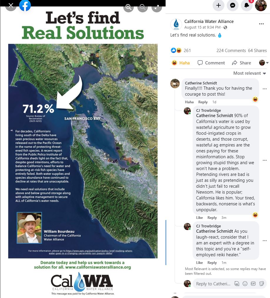 The meme is a screenshot of a Facebook post from the "California Water Alliance" that appears to be a joke about the state's water usage. The post claims that 71.2% of California's water is used for irrigation, and the author is sarcastically thanking the state for "wasting" so much water. The text includes a tongue-in-cheek message expressing gratitude for the state's water management, saying "we're glad you're wasting so much water!"