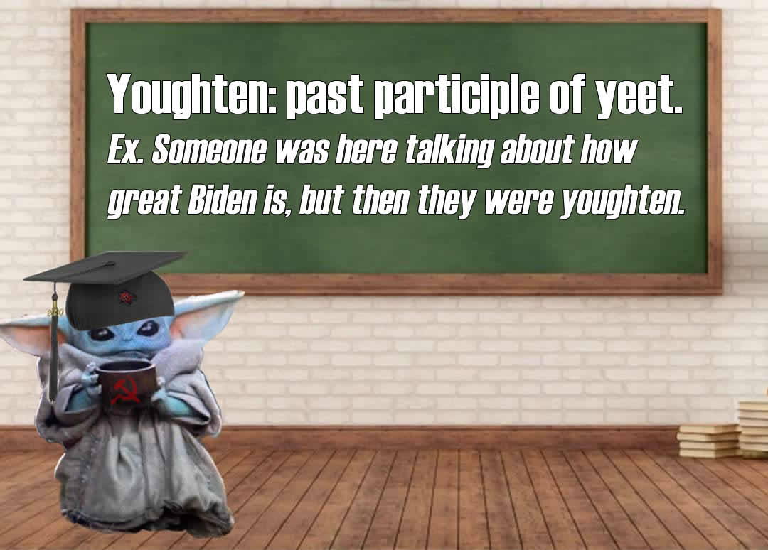 This meme features a character from the Star Wars franchise, Baby Yoda, dressed in a graduation cap and holding a cup of coffee. The text above the character reads "You're not a good little boy" and "You're not a good little boy" is crossed out, replaced with "You're a good little boy" in a childish handwriting. The meme is a play on the common phrase "good boy" and is likely referencing a popular internet culture.