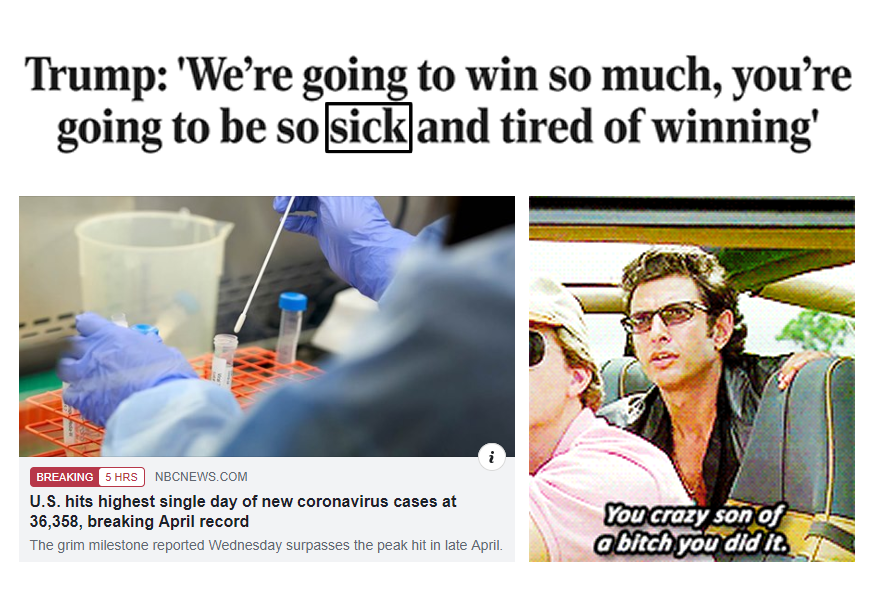 The meme is a screenshot of a news article with a headline that says "Trump: 'We're going to go big on vaccines, we're going to go big on testing, we're going to have the best vaccines, the best testing, the best ever...