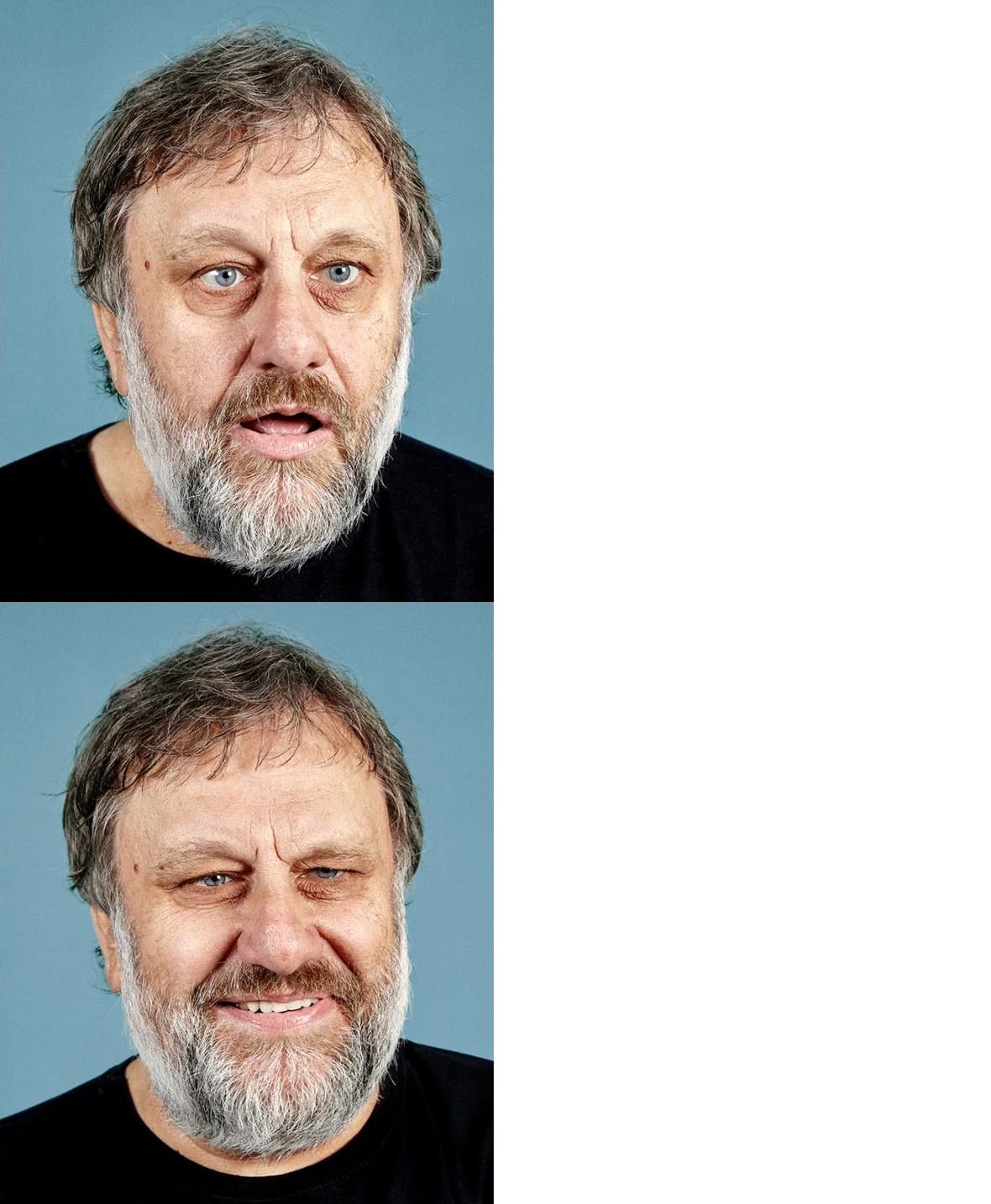 The meme is a split-screen image of two photos of the same person, with the top photo showing a neutral expression and the bottom photo showing a shocked or surprised expression. The meme is likely being used to expre...