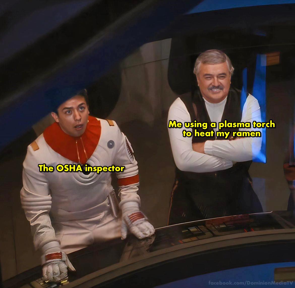 This meme is a humorous take on a workplace safety scenario. The image depicts two characters from the TV show "Star Trek: Discovery" in a tense situation. One character, a Starfleet officer, is being reprimanded by the other, a strict inspector, for violating safety protocols by using a flamethrower in a kitchen.