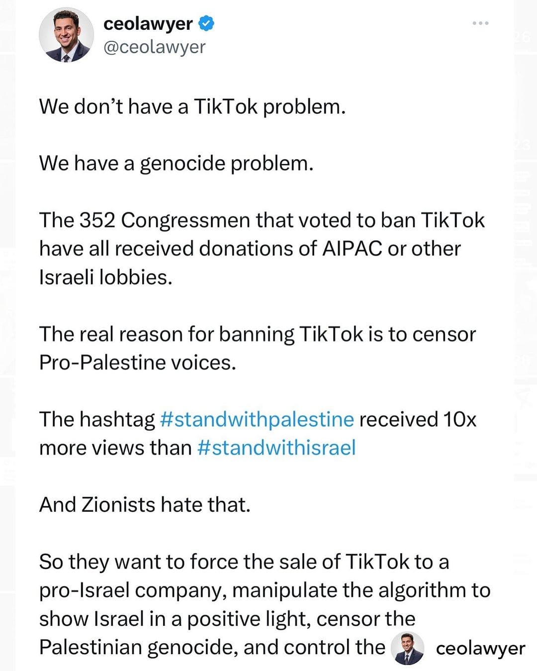 The meme is a screenshot of a Twitter thread where a user is sharing their frustration with the platform's inability to enforce its own rules. The text reads: "We don't have a TikTok problem. We have a genocide problem. We have a free speech problem. We have a problem with elected officials who refuse to take action. We have a problem with a platform that allows hate to spread. We have a problem with a platform that is allowed to operate in the dark."