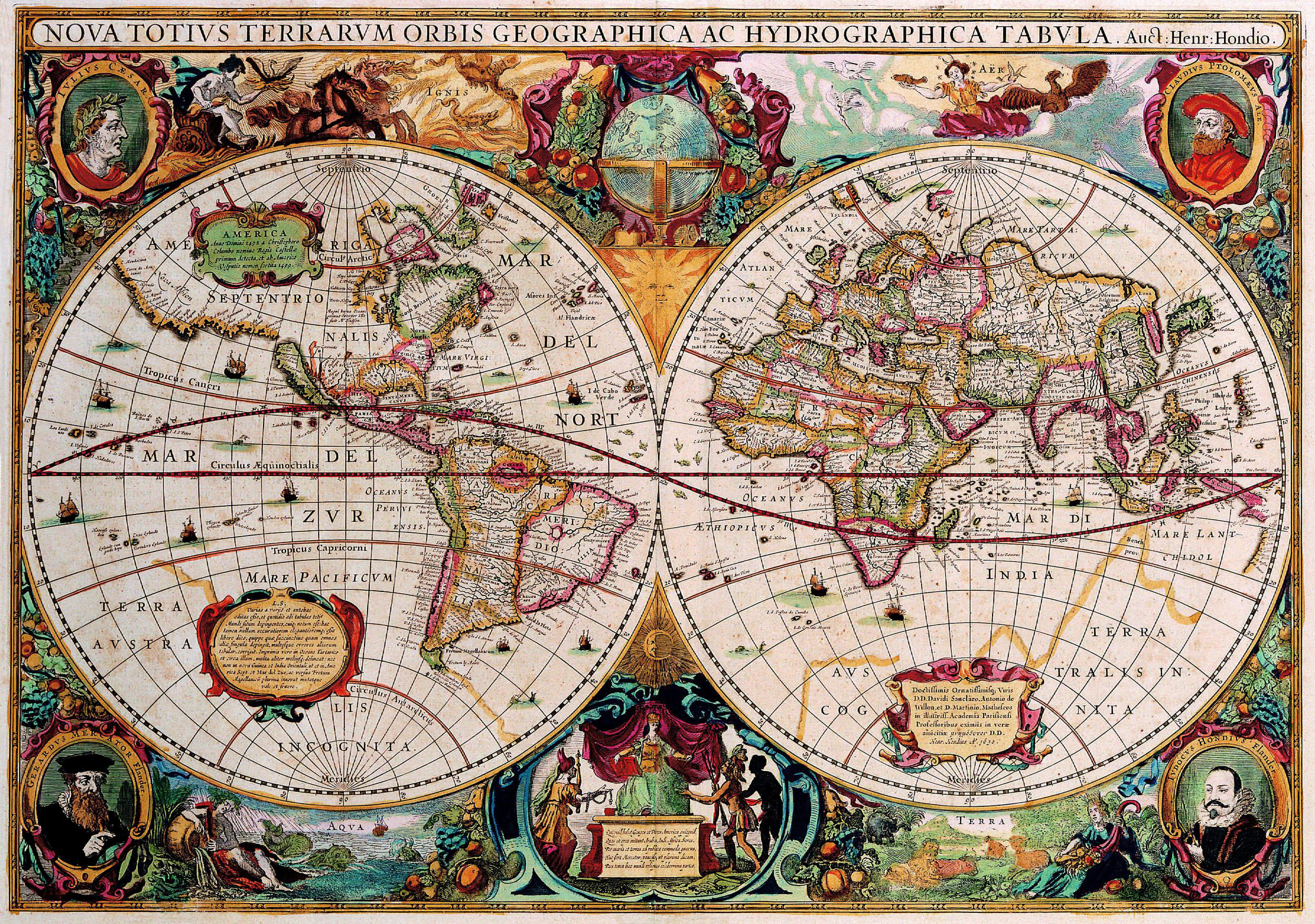 Okay, let's break down this fascinating 17th-century world map, *Nova totius terrae orbis geographica et hydrographica tabula* by Henricus Hondius (1630) through the requested lenses. It's a complex image, so each sec...