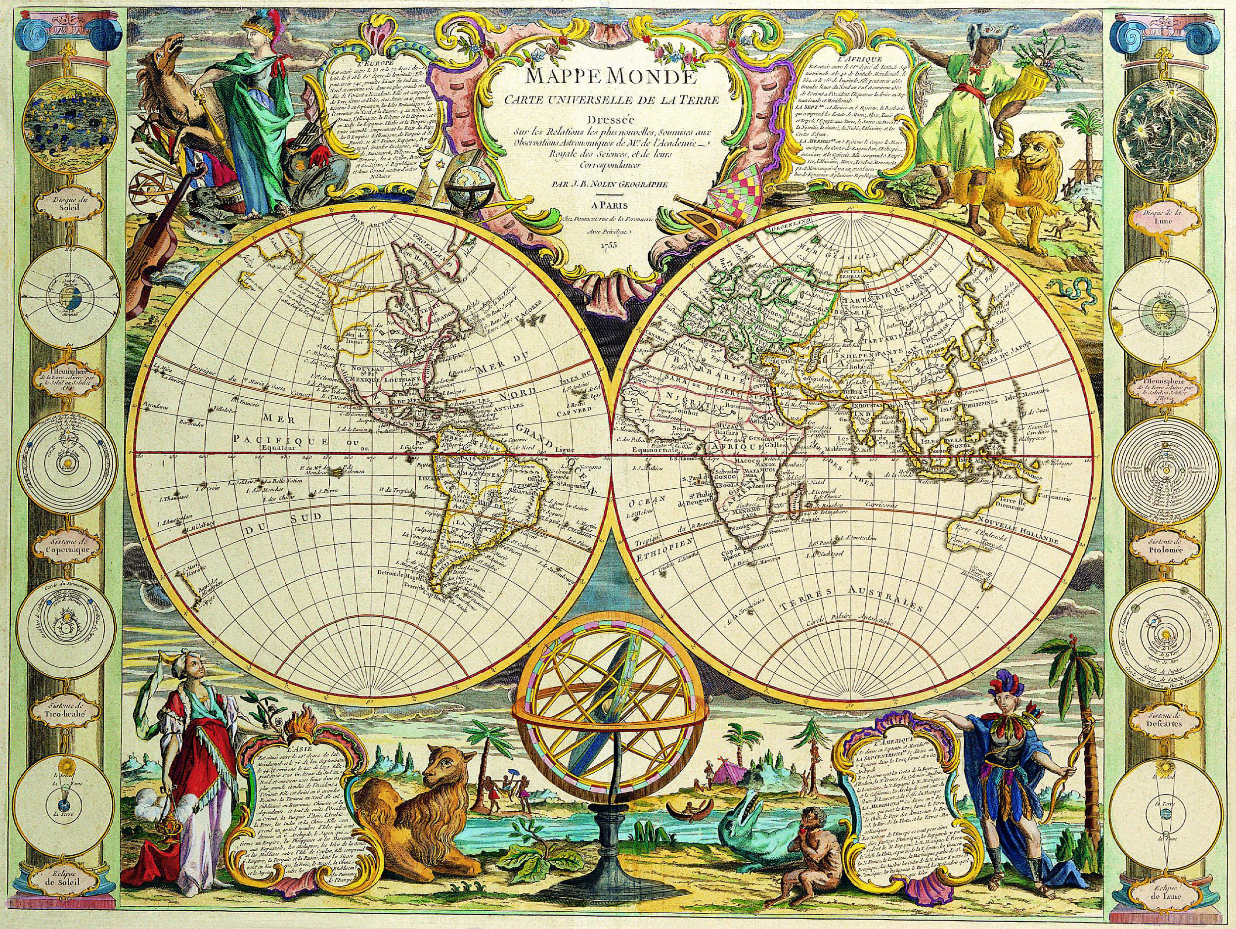 Okay, let's analyze this elaborate 17th-century world map, *Mappe-Monde ou Carte Universelle de la Terre*, through the lenses you’ve requested. It's a rich image that yields itself to multiple interpretive frameworks....