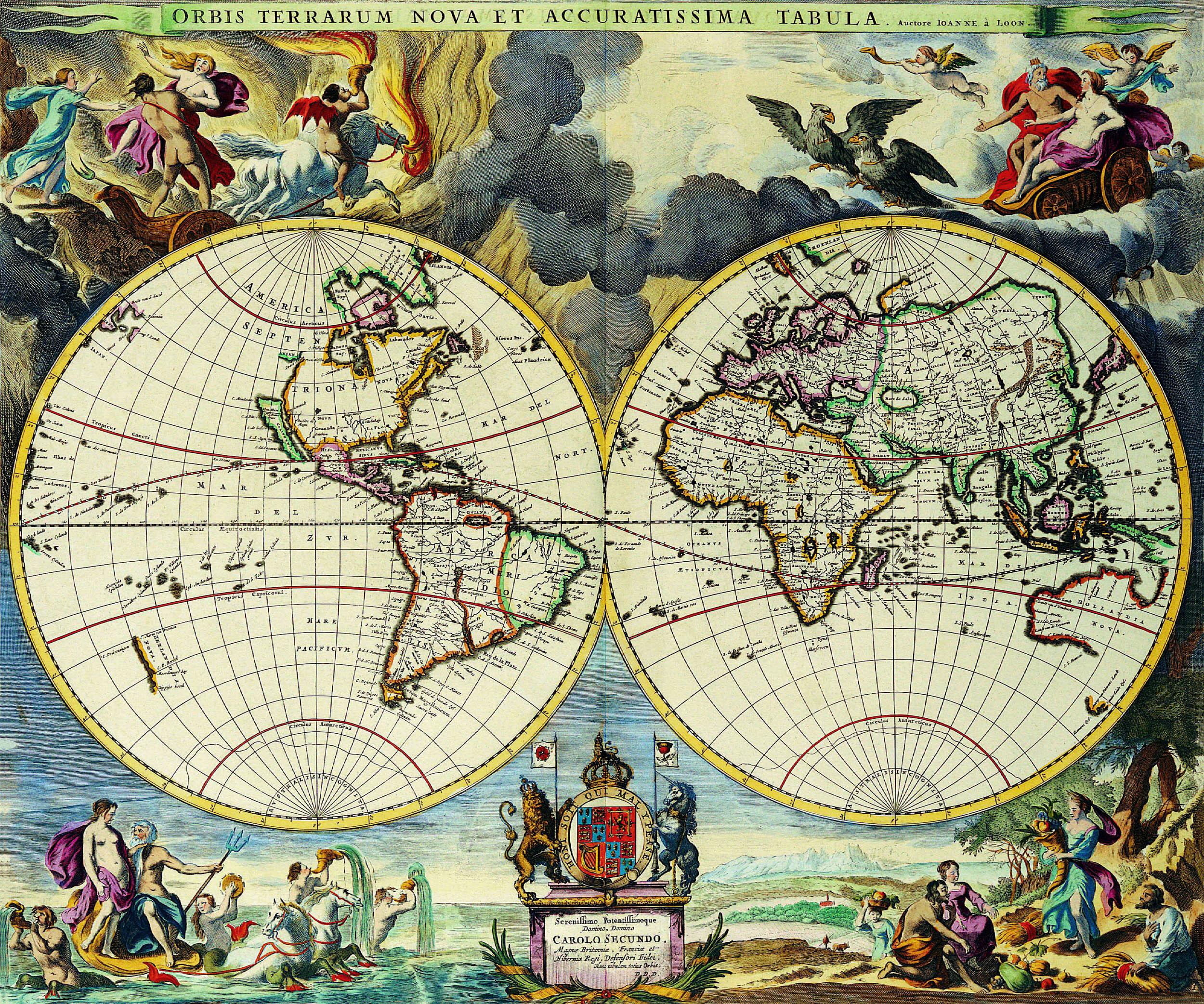 Okay, let's break down this 17th-century world map through several critical lenses. It's a rich image, demanding complex analysis! **I. Visual Description** The image is a double-hemispheric world map, produced in a c...