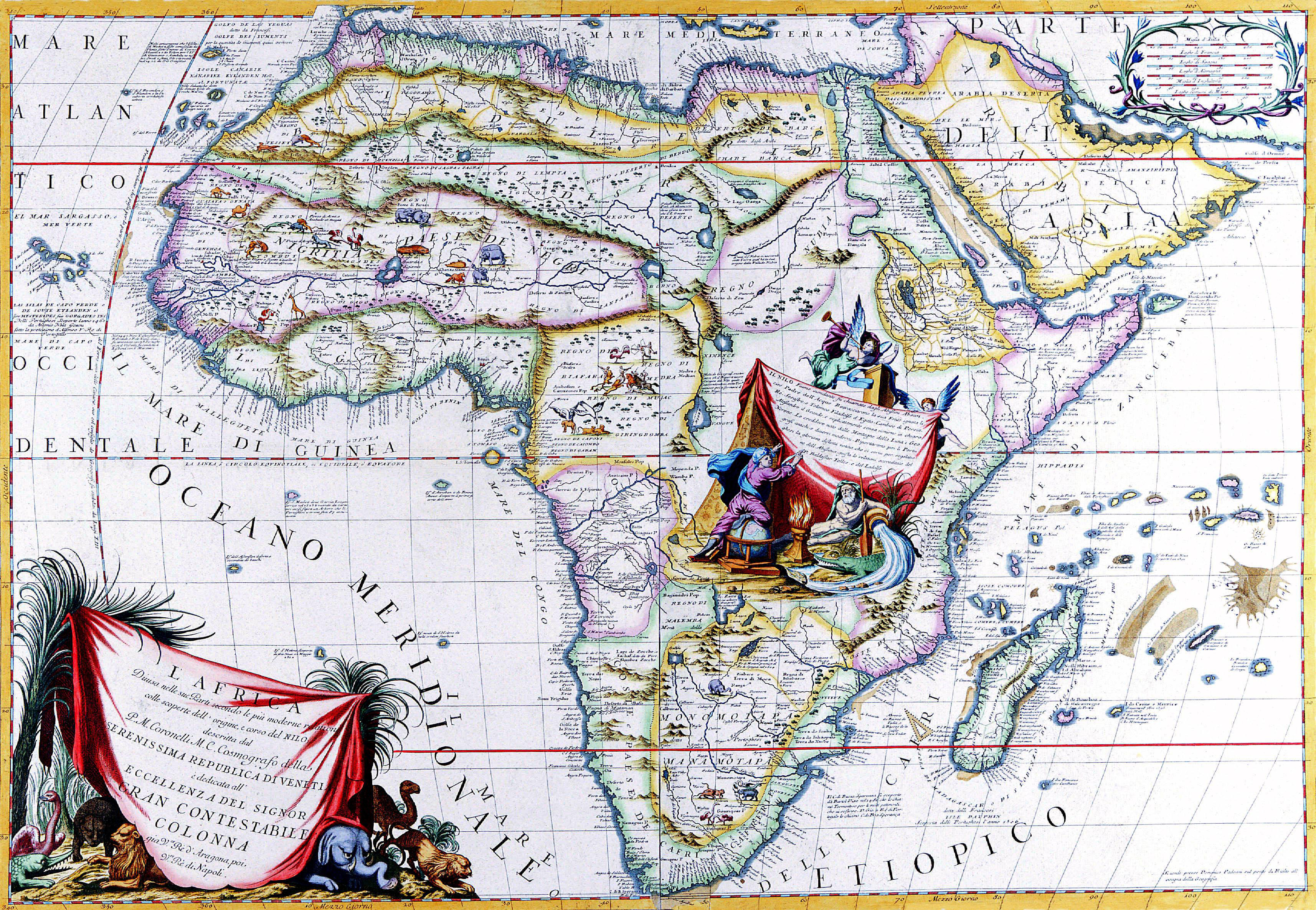 Okay, let's break down this fascinating and complex antique map of Africa with the requested analytical approaches. **Visual Description** The image is a hand-colored antique map of Africa, likely dating to the 17th o...