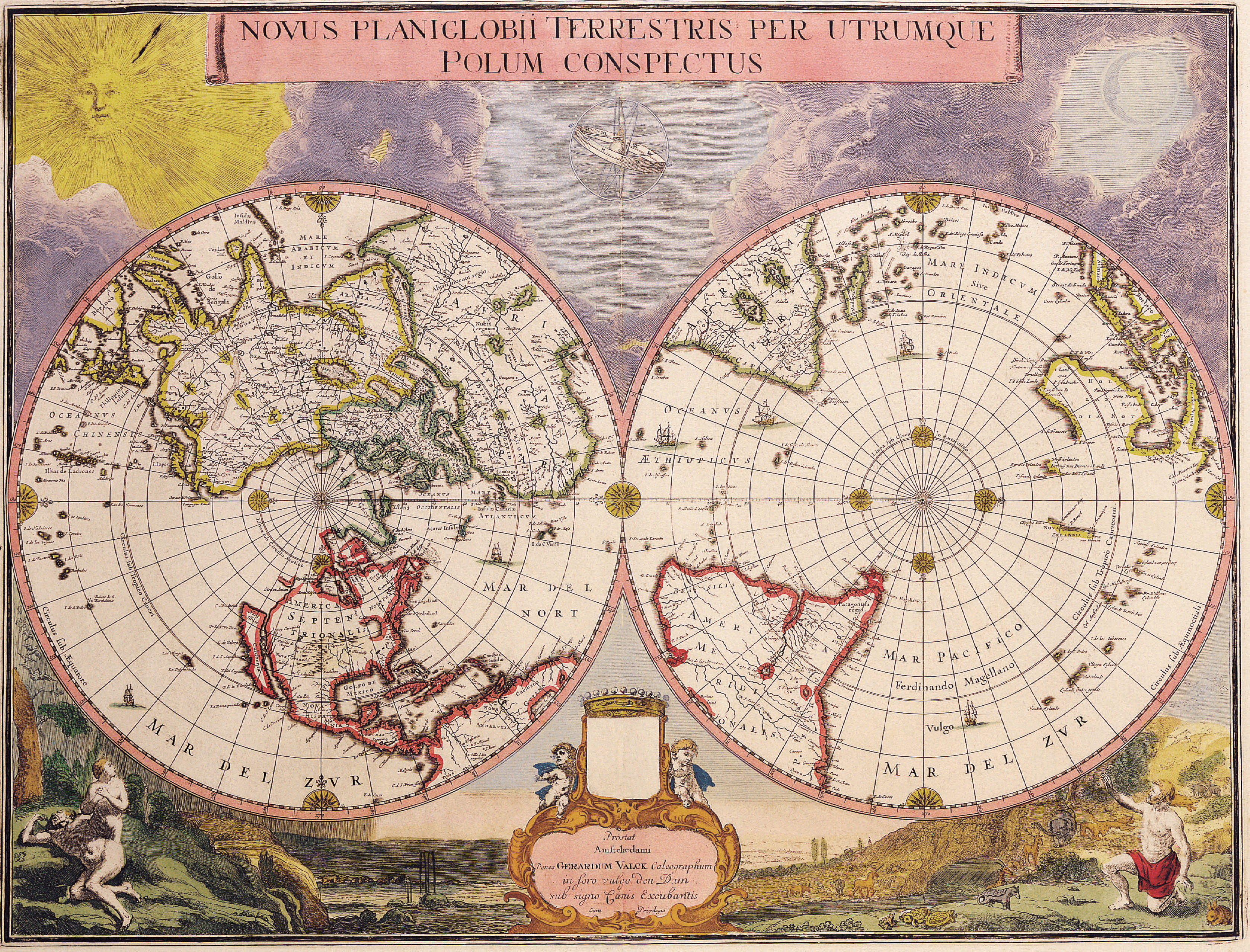 Okay, let's break down this fascinating 17th-century map—"Novus Planiglobii Terrestris Per Utrumque Polum Conpectus"— through the lenses you've provided. It's a complex image, so each section will be substantial. **I....