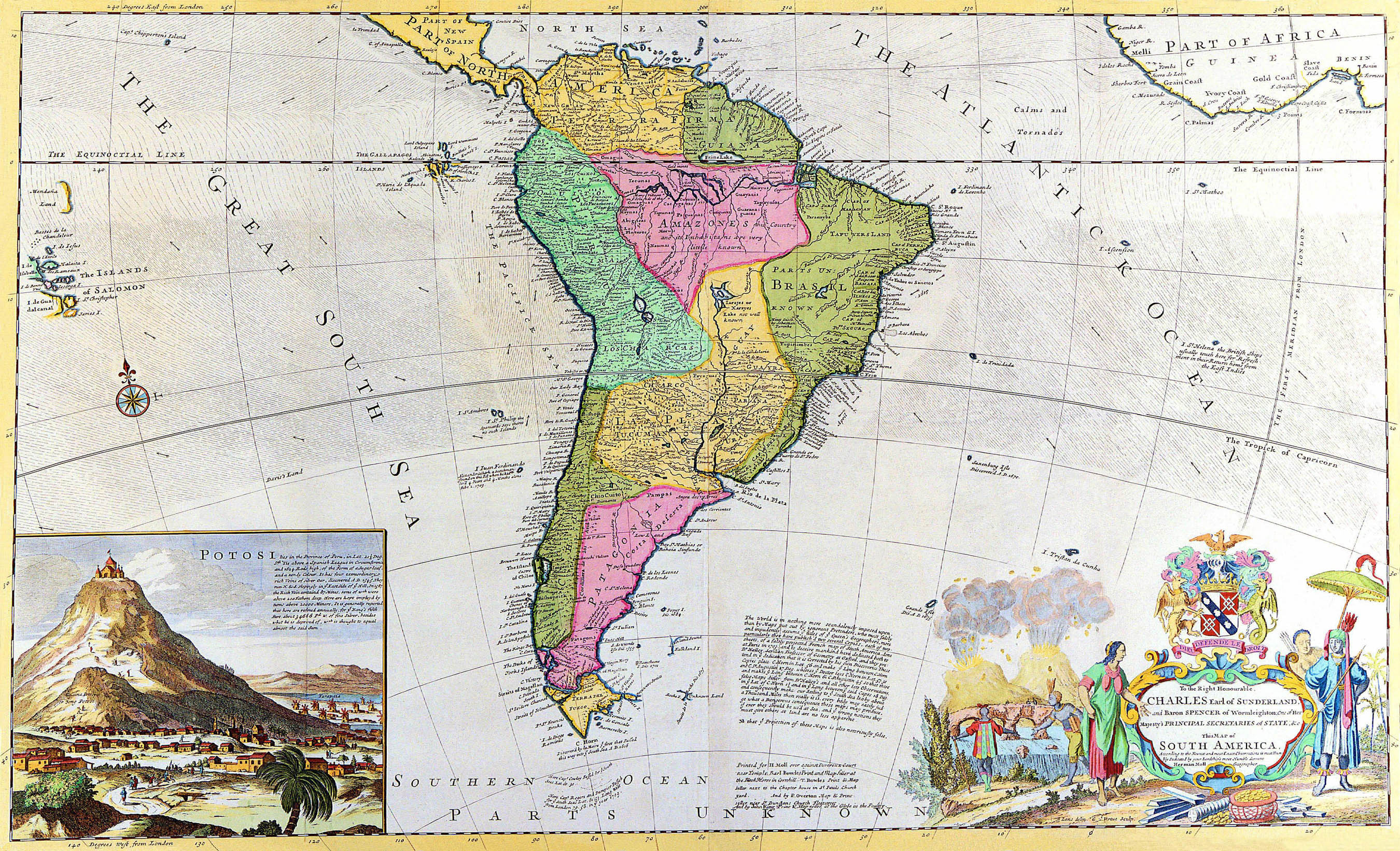 Okay, let's break down this fascinating antique map of South America using the requested theoretical lenses. It's a rich artifact offering lots to unpack! ## **Visual Description** This is an early 18th-century (circa...