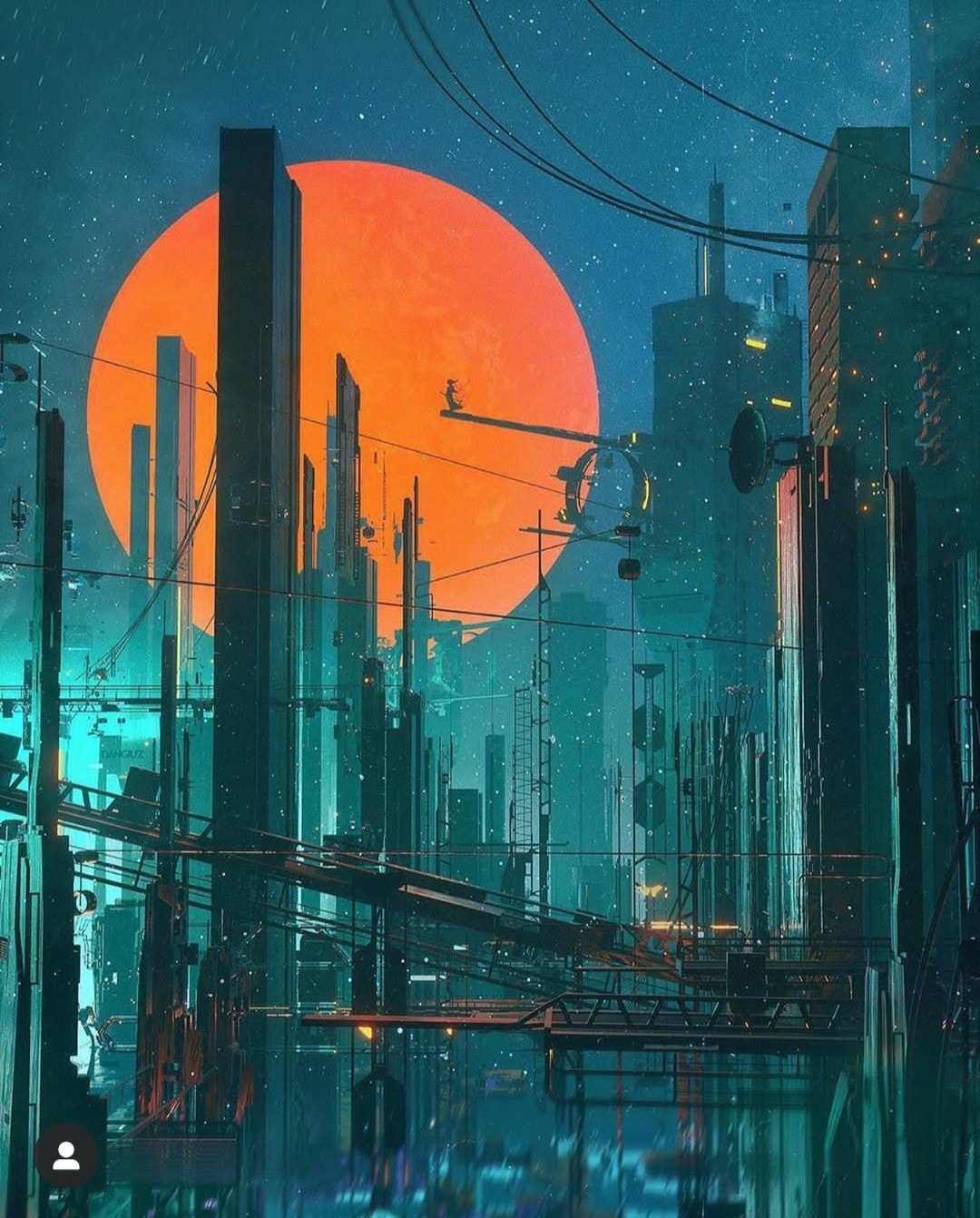 The meme is a dark, futuristic illustration of a cityscape with towering skyscrapers and neon lights. In the center of the image, a small figure is seen standing on the edge of a skyscraper, looking out over the city. The text "I can see for miles" is written above the figure, but the image is actually a screenshot of Google Maps, and the figure is actually a tiny car icon on the map, not a person.