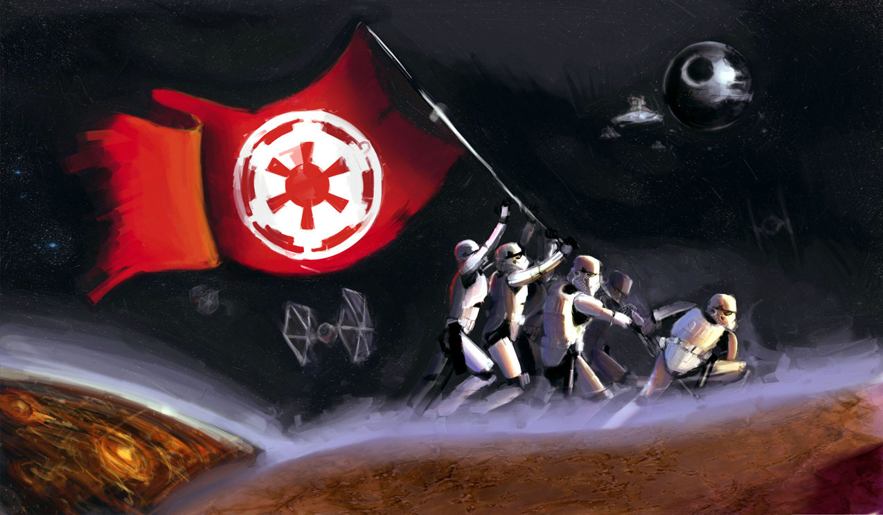 The meme is a humorous adaptation of the iconic "Raising the Flag on Iwo Jima" photograph, but with a twist. Instead of American soldiers, the meme features Stormtroopers from the Star Wars franchise, with a Imperial flag (the "flag" being the Imperial symbol, also known as the "Emperor's symbol" or " Imperial Crest") being raised on the moon of Endor.