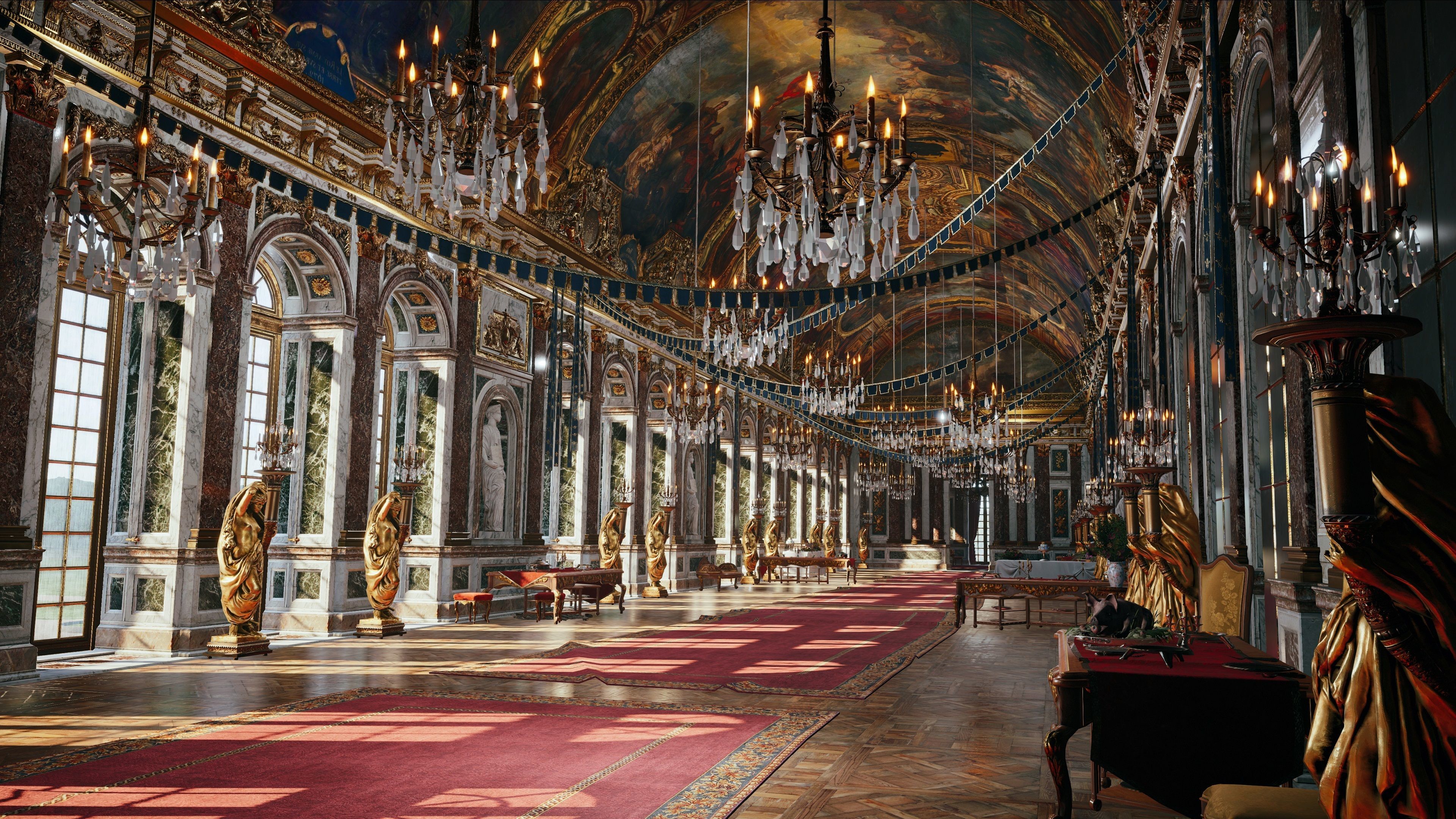 The meme is an image of the opulent, ornate Ballroom of Versailles from the video game Assassin's Creed: Valhalla. The image is captioned "When you're trying to have a peaceful evening but your in-laws are coming over".