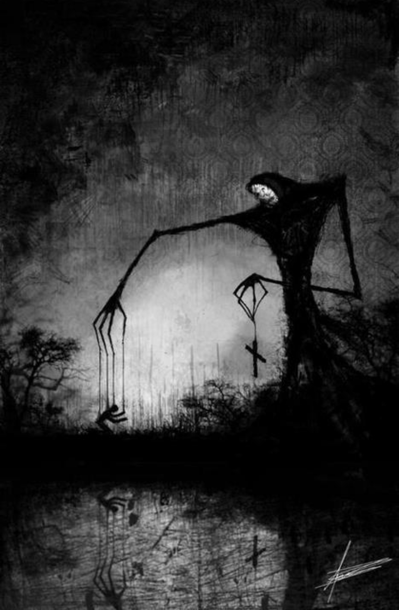 The meme is a black-and-white illustration of a stick figure character from the animated TV series "The Grim Adventures of Billy and Mandy" (also known as "Grim" or "Grim Adventures"). The character, known as "The Grim Reaper", is shown with a dark, twisted grin and a bony hand grasping a scythe. The text "I'M THE GUY WHO'S GONNA GET YOU" appears above the character's head.