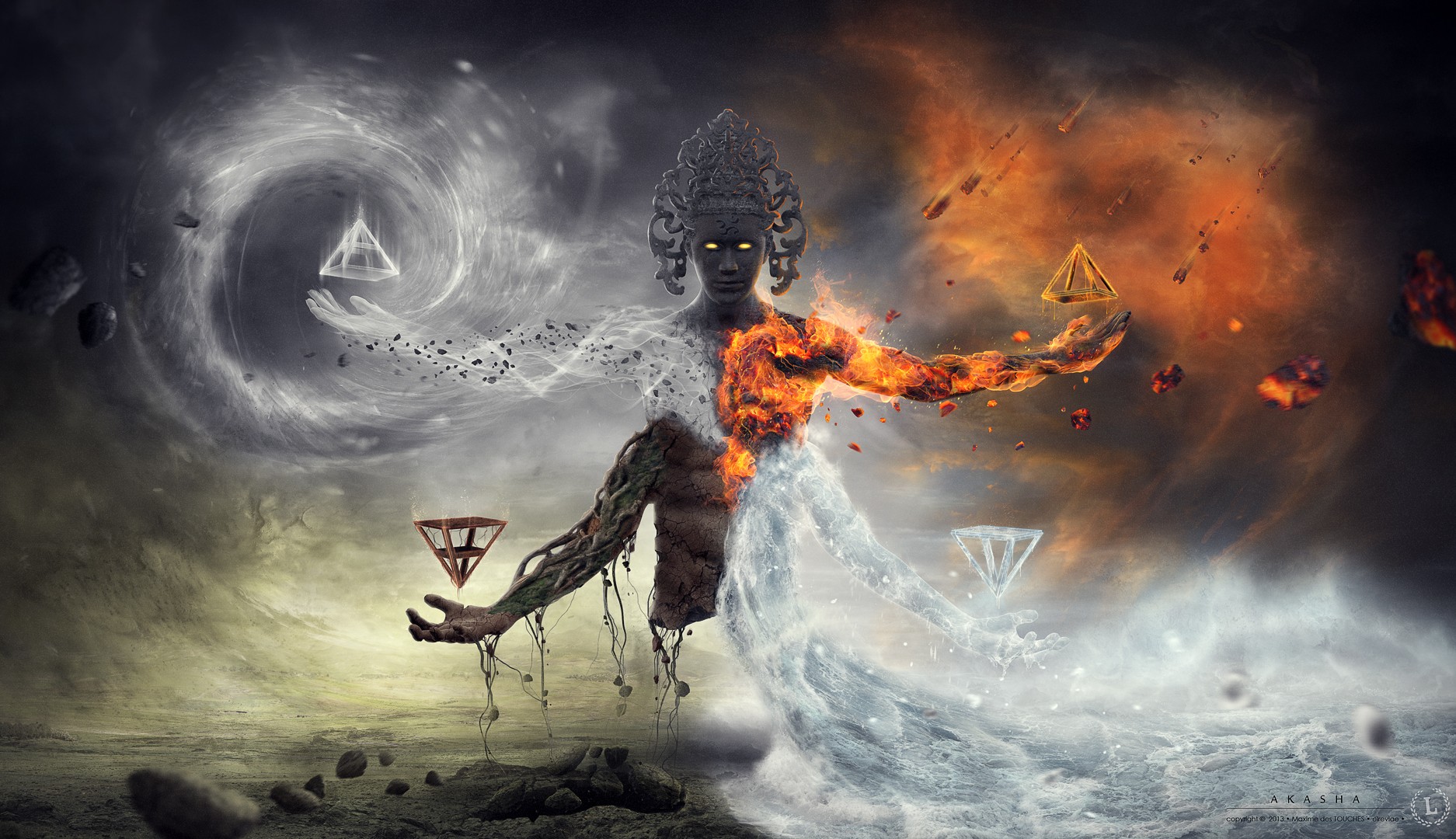 This meme is an image of a humanoid figure with a body made of earth, surrounded by flames and water. The figure is depicted with a calm and serene expression, but its body is torn apart by the conflicting elements. The text "I'm not a tree" appears above the figure's head.