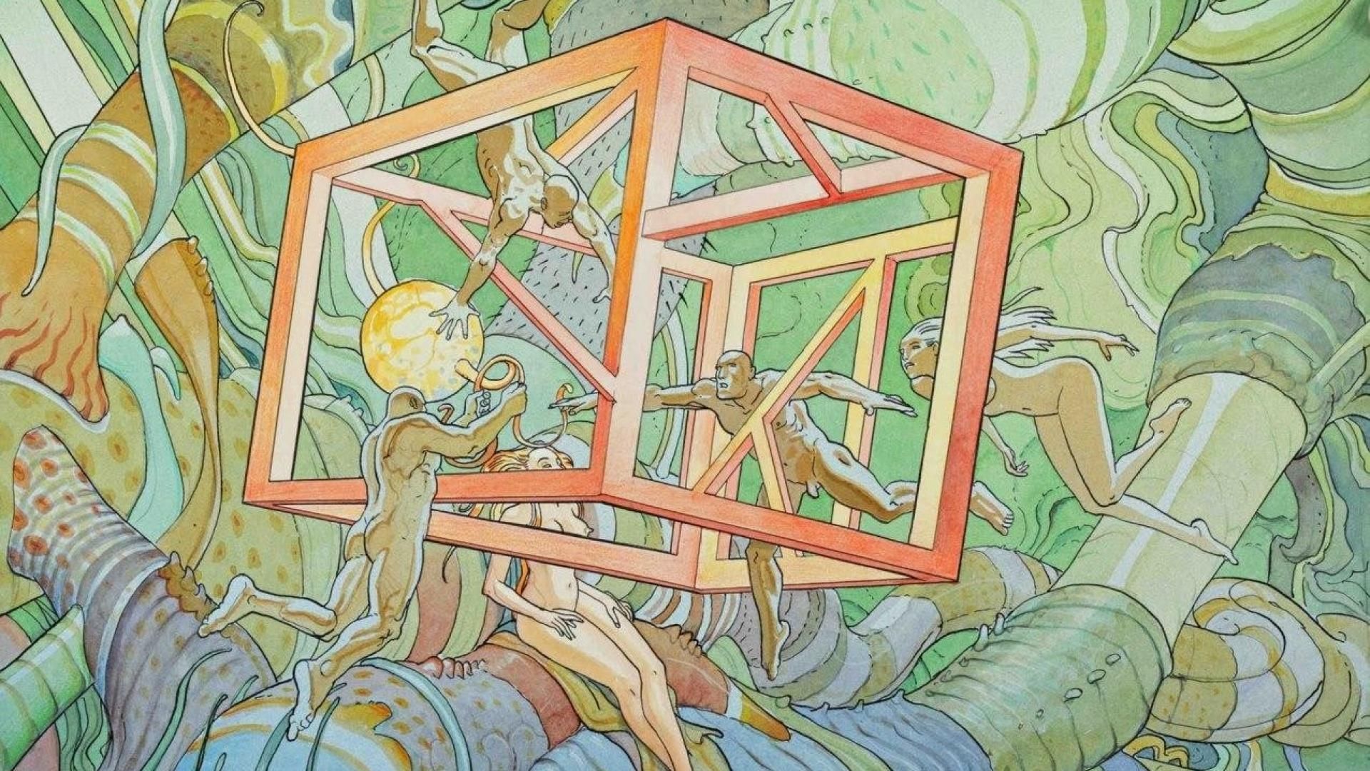 The meme is an image of the classic Escher-style impossible cube, which appears to be rotating and twisting in impossible ways. The image is captioned "When you're trying to do work but your brain is still on vacation mode".