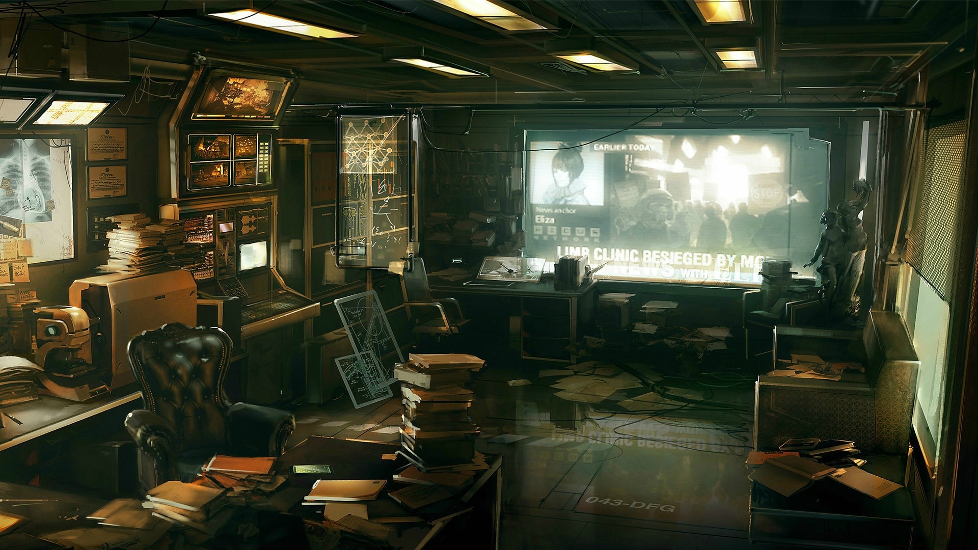The meme appears to be a screenshot from the video game "Cyberpunk 2077". The image shows a dimly lit, cluttered office with papers and broken furniture scattered everywhere. The text on the screen reads "I don't know what to do, I don't know what to do..."