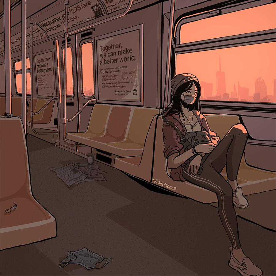 This meme depicts a person sitting on a crowded train or subway, but everyone else is wearing masks to protect against COVID-19. The caption "I'm not wearing a mask" is written in a childish, scribbled handwriting style, implying that the person is intentionally not following the health guidelines. The image is likely humorous because it's a relatable and ironic take on the pandemic's social norms.