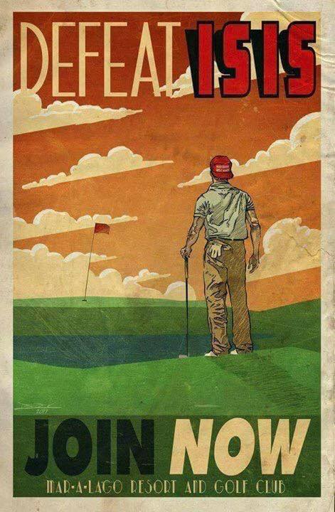 The meme is a humorous illustration of a person standing on a golf course, looking out at a beautiful sunset. The image is captioned "I just defeated ISIS" in a playful, tongue-in-cheek manner, implying that the person has accomplished something impressive, but the context is absurd and humorous.